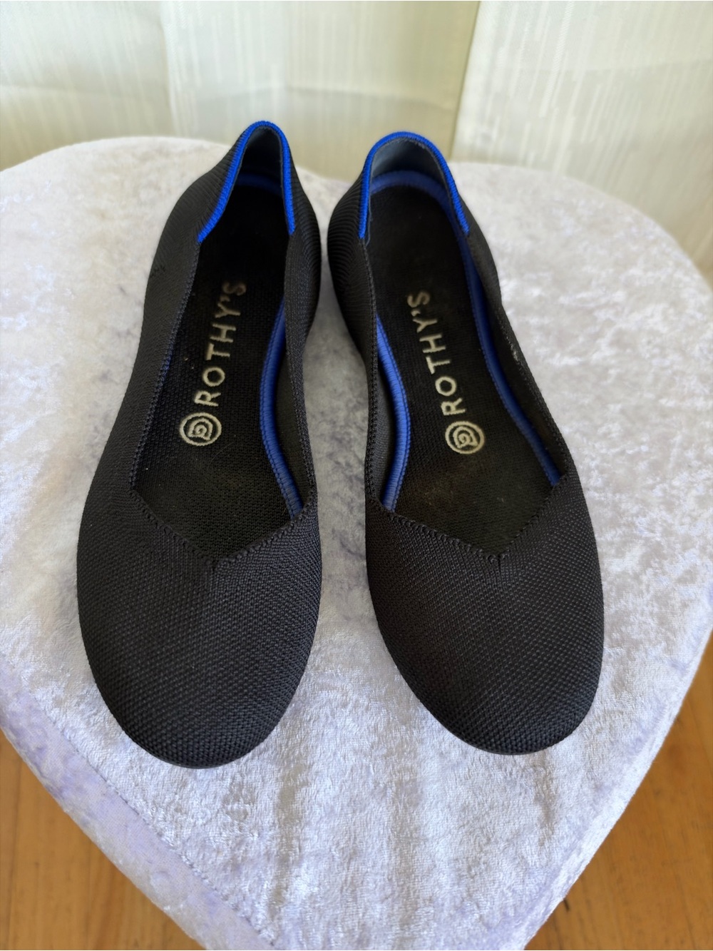 Rothy's Black Ballet Flats with Blue Trim